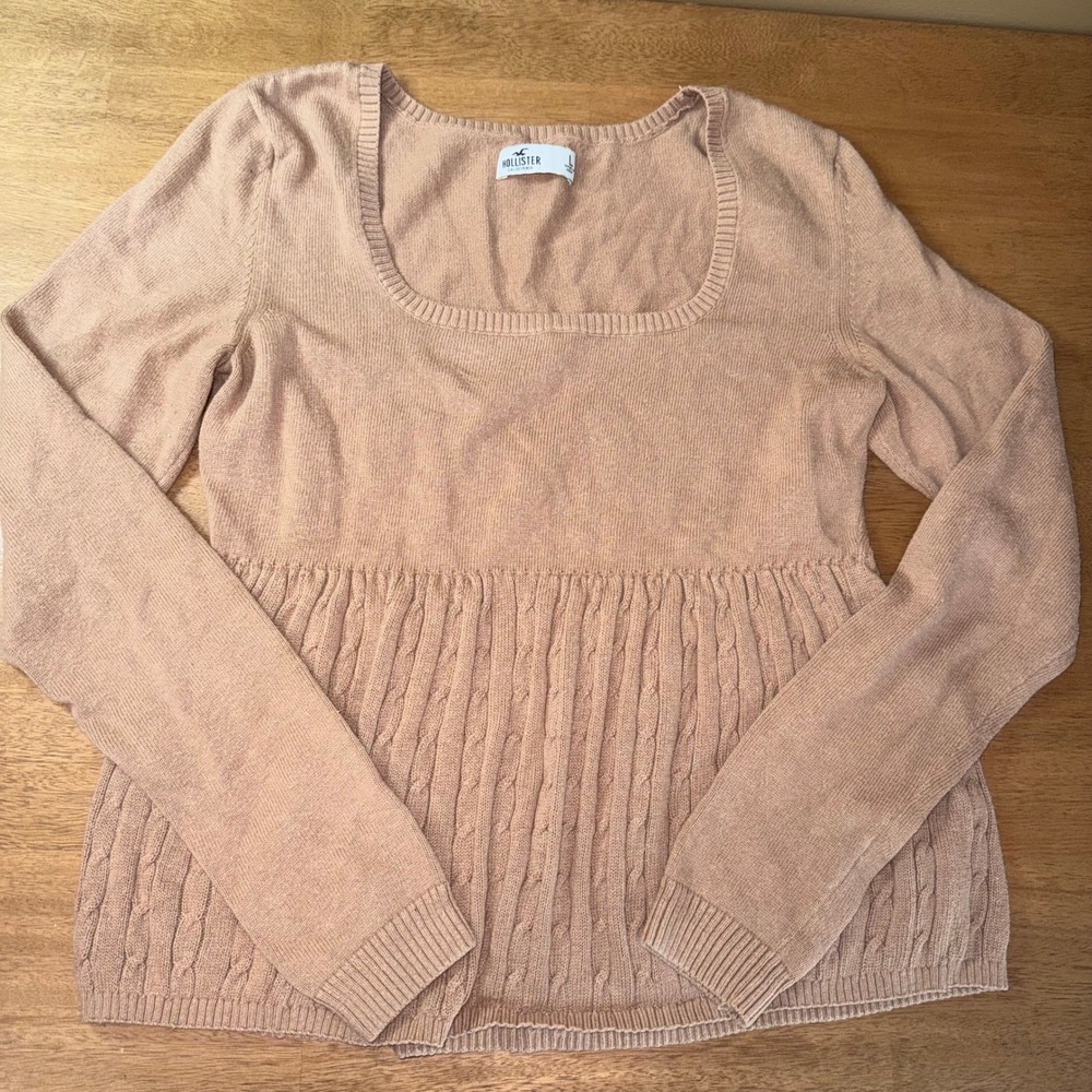 Hollister Women Tan Square Neck Cable Knit Peplum Sweater 350S2643 L